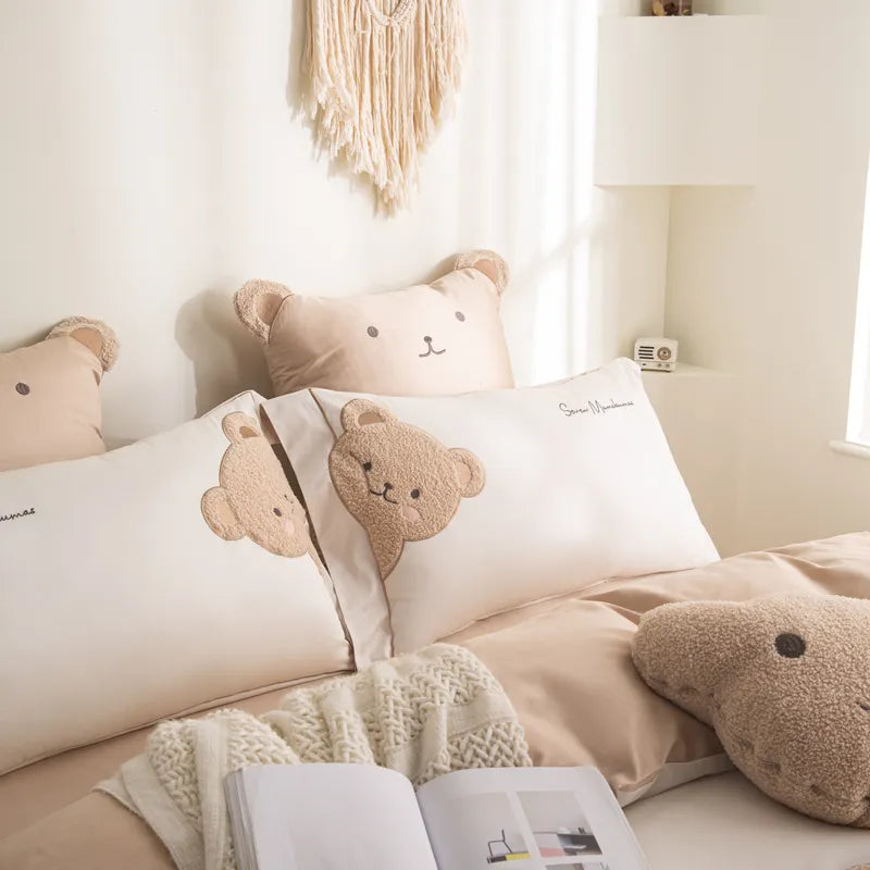 Ropa de cama de algodón con bordado de osito de peluche