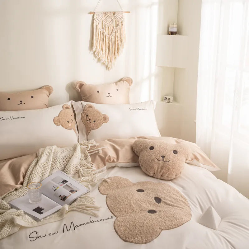 Ropa de cama de algodón con bordado de osito de peluche