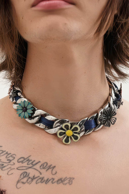 Satin Floral Cuban Chain - Unisex Ribbon Necklace Statement Piece