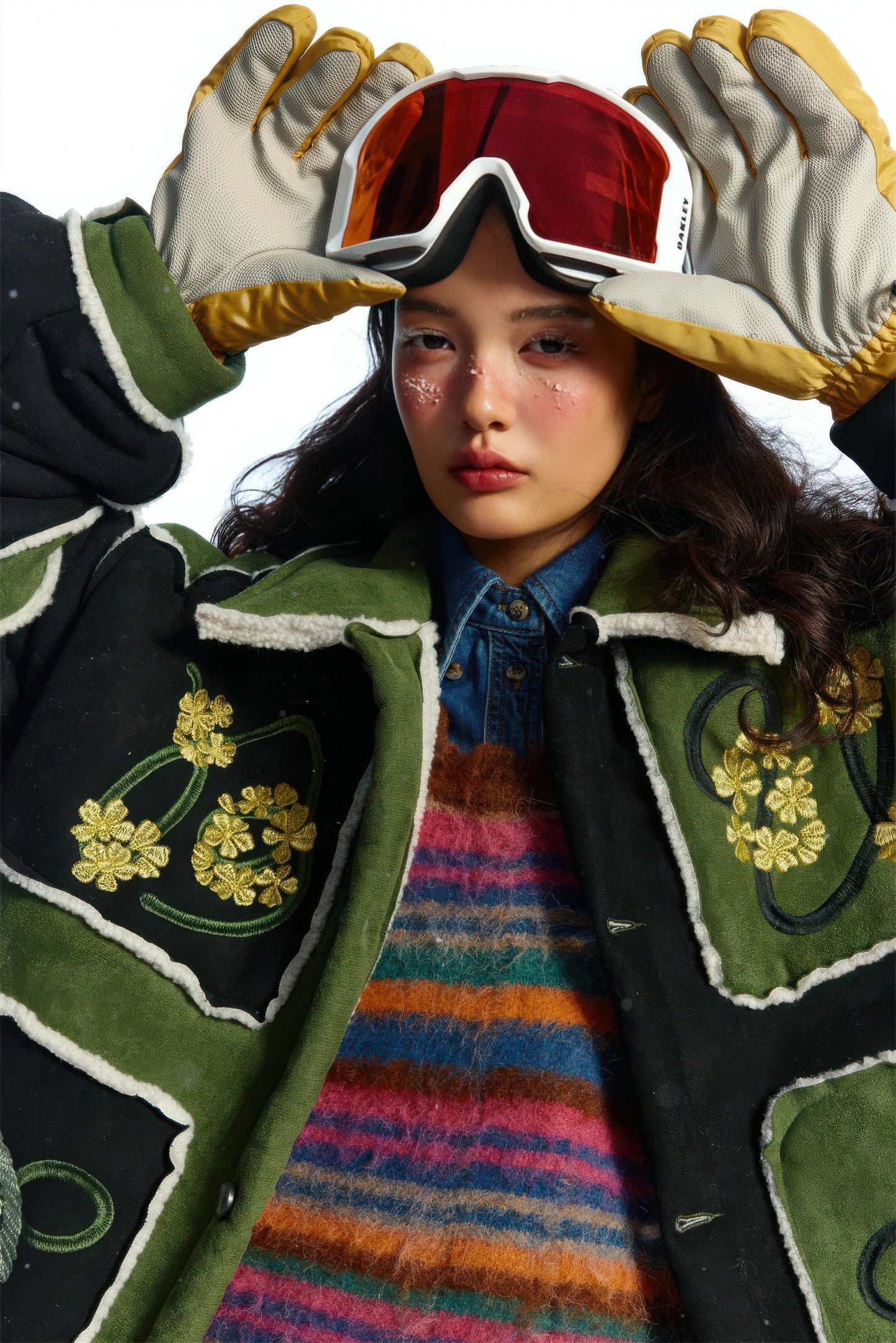 Unisex Floral Embroidery Sherpa Jacket - Color-Blocked Cotton