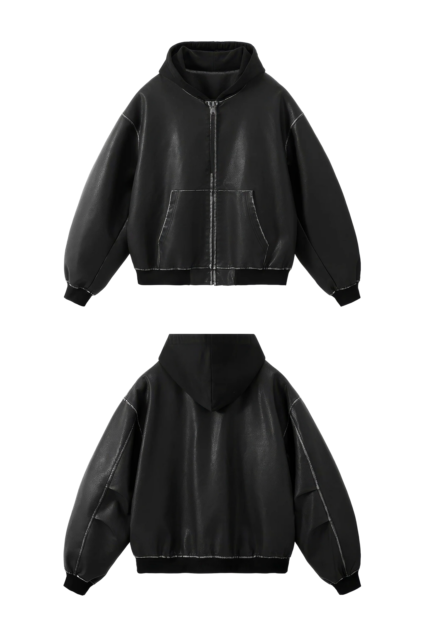 Washed Leather Hooded Jacket - Vintage American Street Style