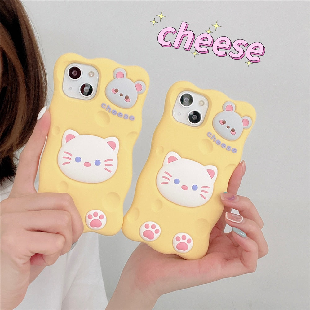 Funda para iPhone con diseño de gato y ratón con queso
