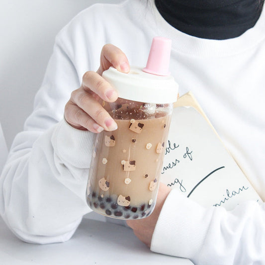 Bouteille en verre Cat Boba avec paille