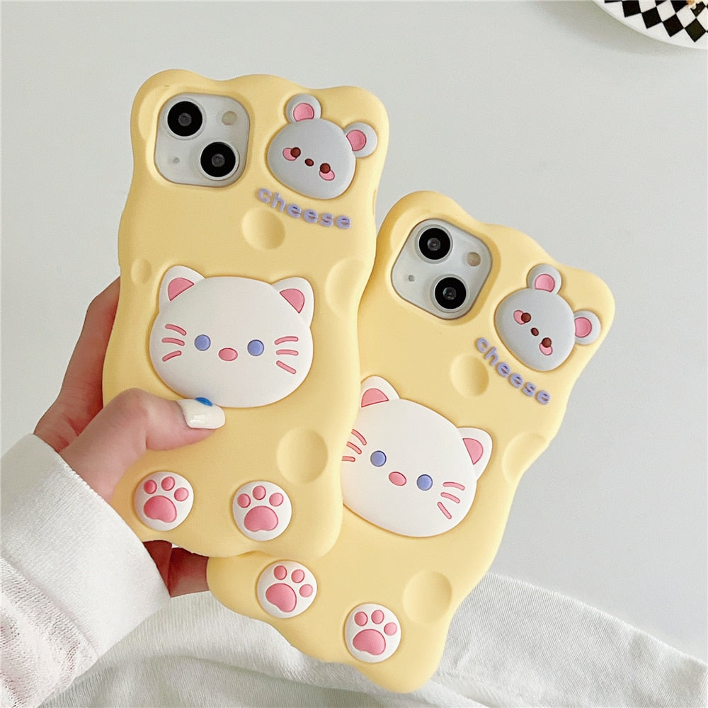 Funda para iPhone con diseño de gato y ratón con queso