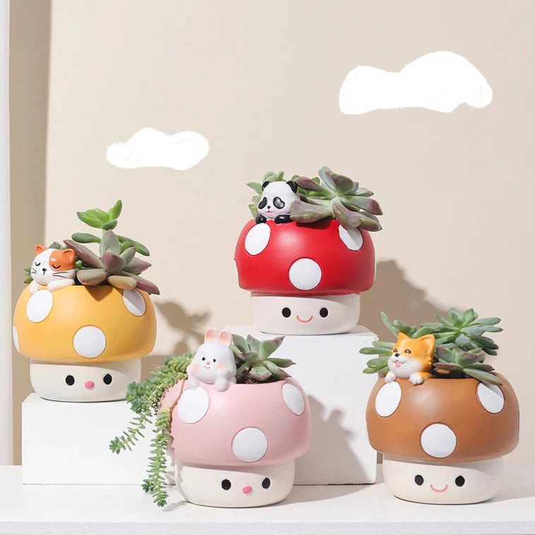 Pots de plantes succulentes en forme de champignons kawaii