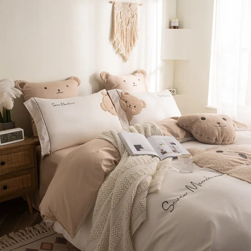 Ropa de cama de algodón con bordado de osito de peluche