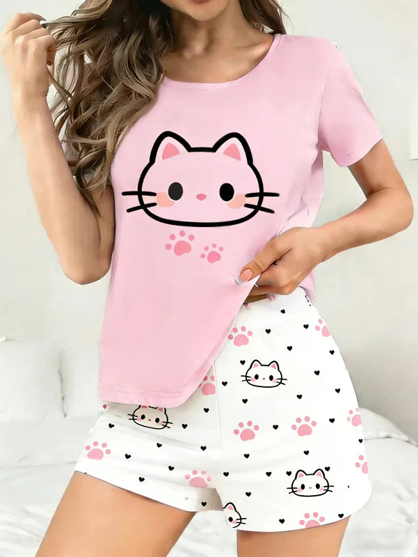 Cute Cat & Paw Prints Pajama Set