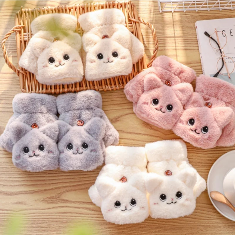Mitaines en peluche chat kawaii