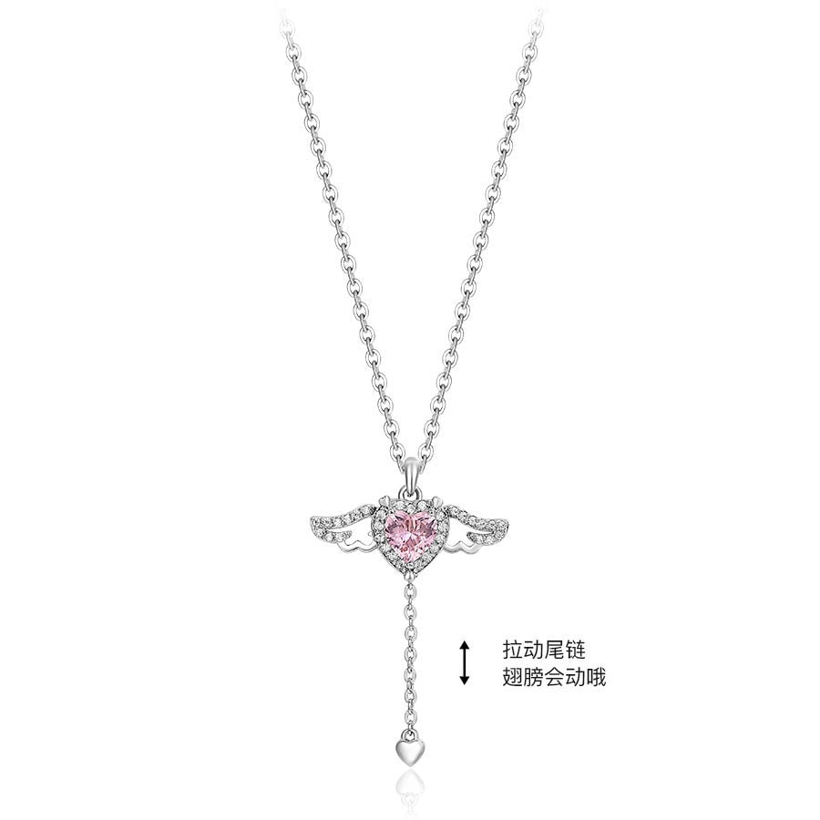 Collier avec pendentif ailes d'ange en forme de cœur en cristal rose