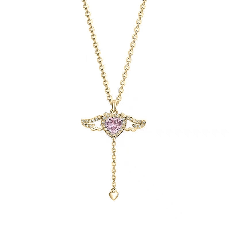 Collier avec pendentif ailes d'ange en forme de cœur en cristal rose