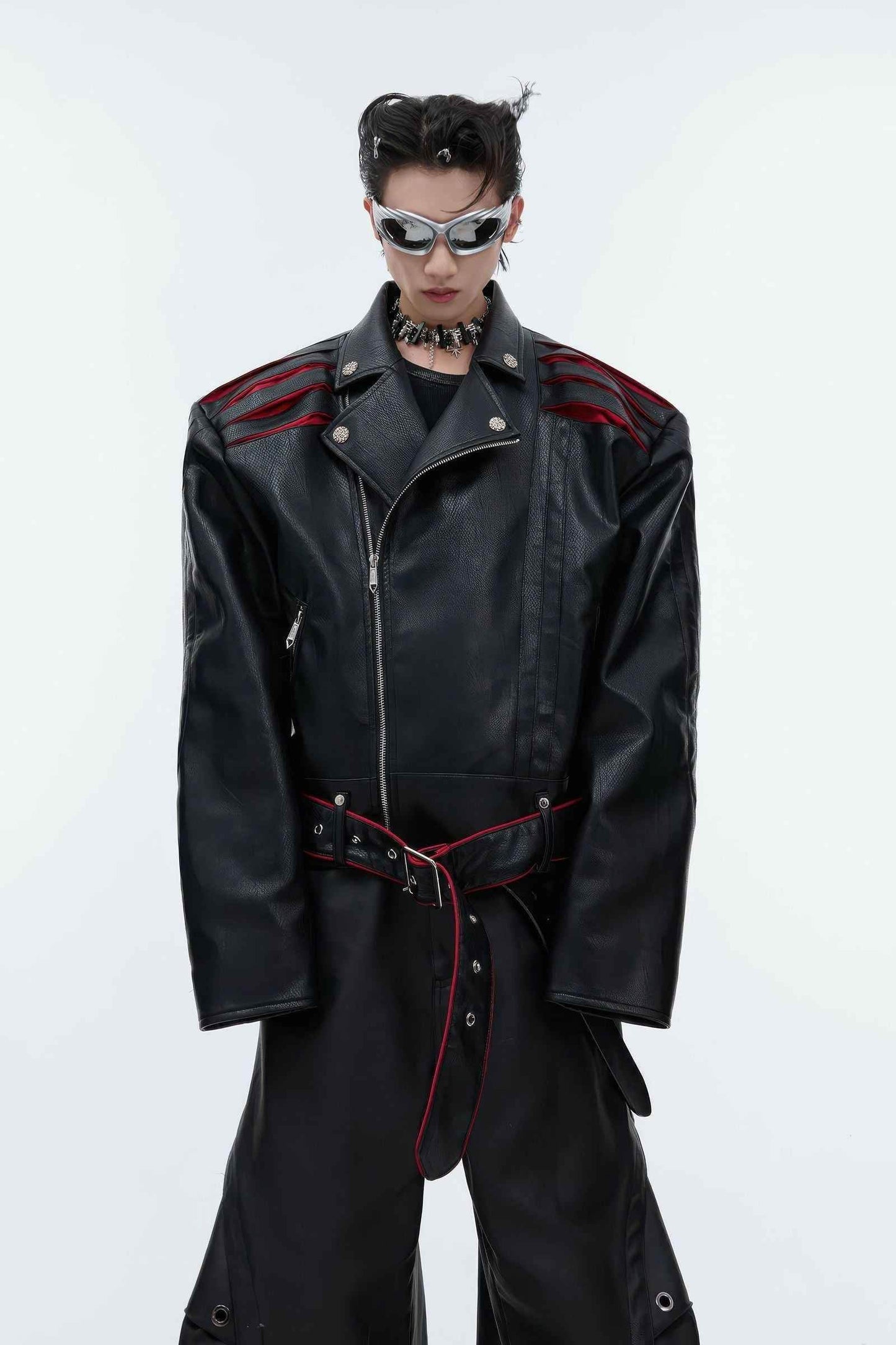 Short Deconstructed Biker Leather Jacket - Pleated Spine and Heavy Stitching