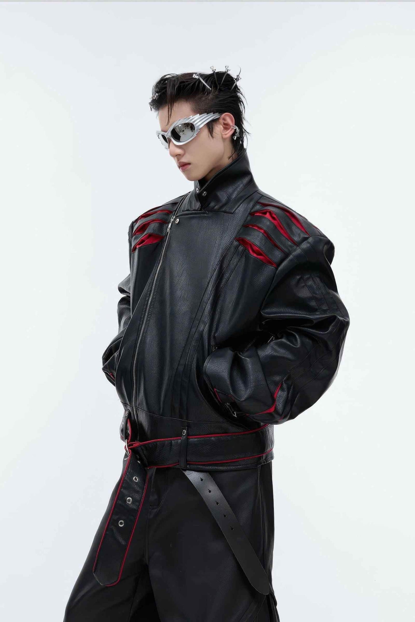 Short Deconstructed Biker Leather Jacket - Pleated Spine and Heavy Stitching