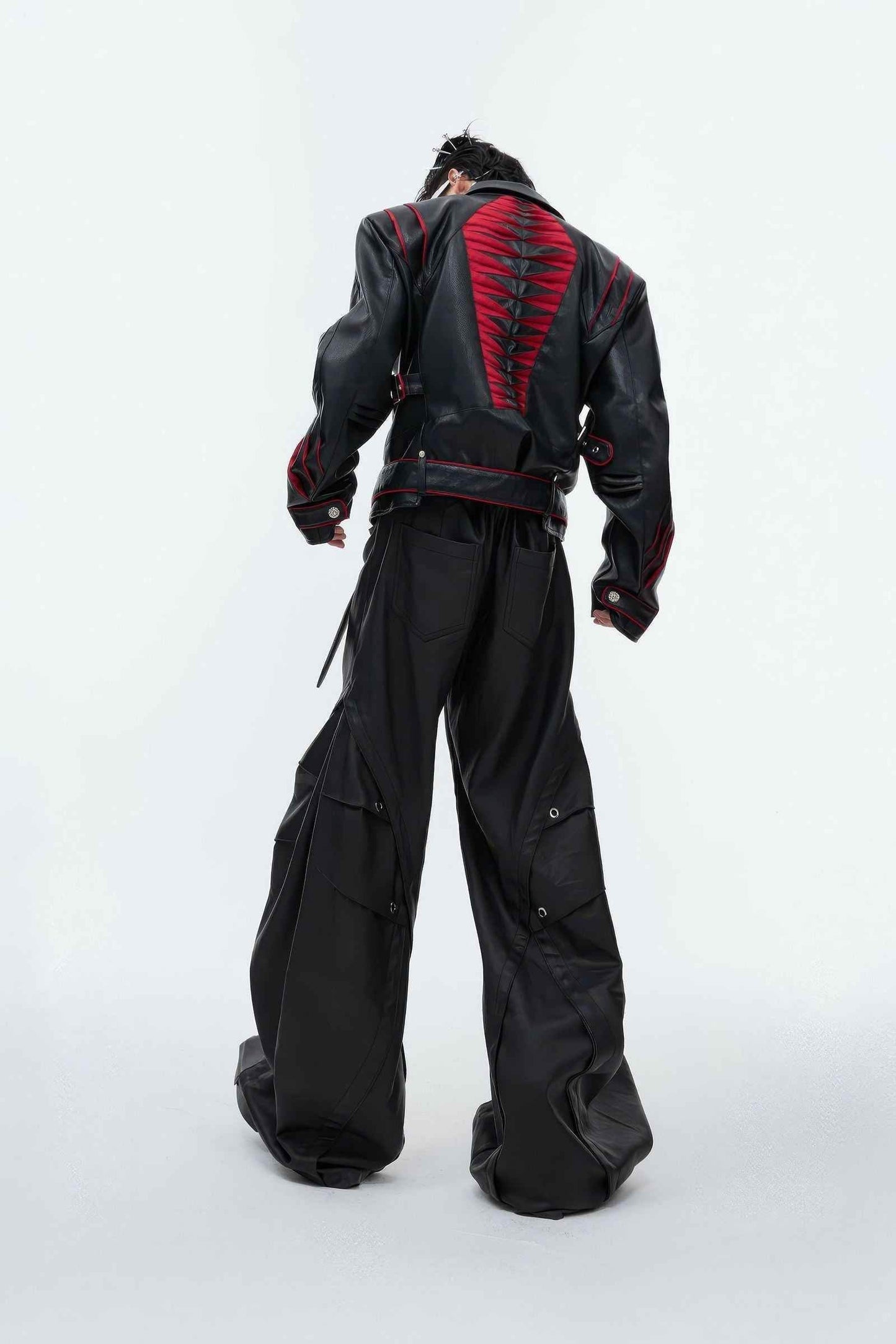 Short Deconstructed Biker Leather Jacket - Pleated Spine and Heavy Stitching