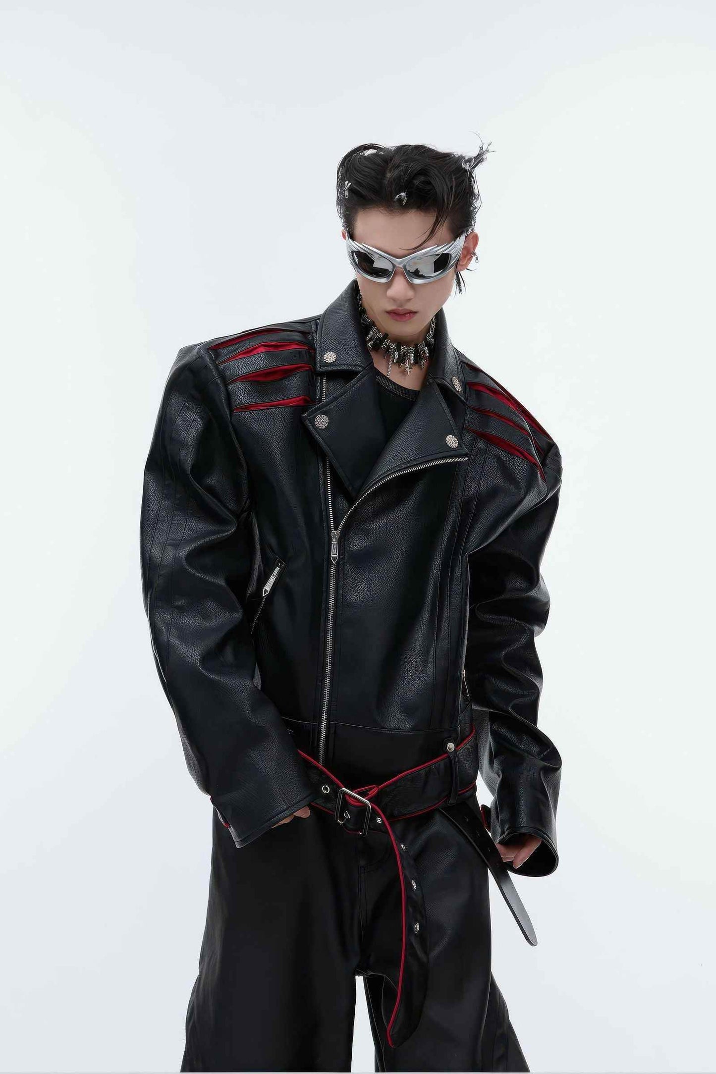 Short Deconstructed Biker Leather Jacket - Pleated Spine and Heavy Stitching