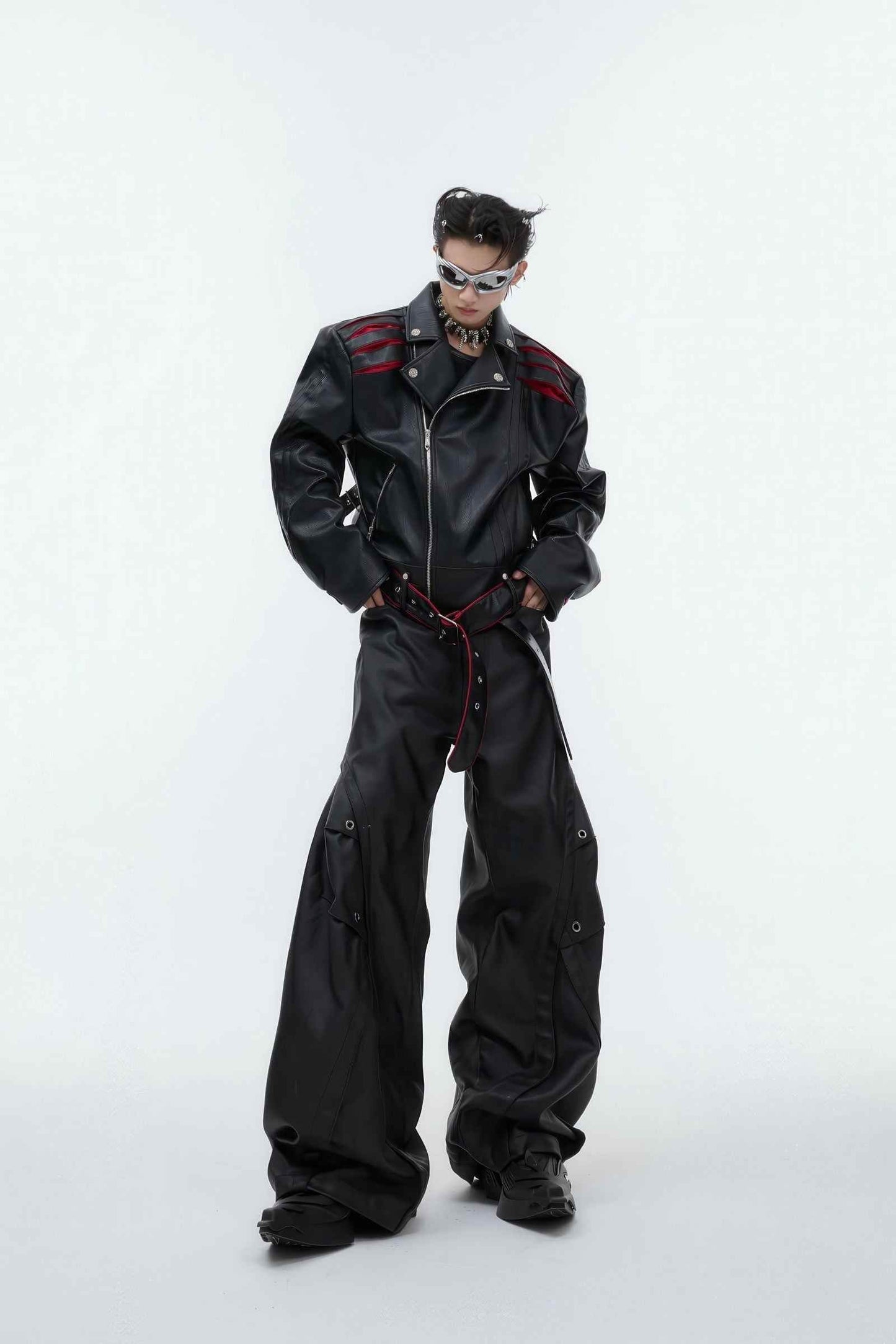 Short Deconstructed Biker Leather Jacket - Pleated Spine and Heavy Stitching