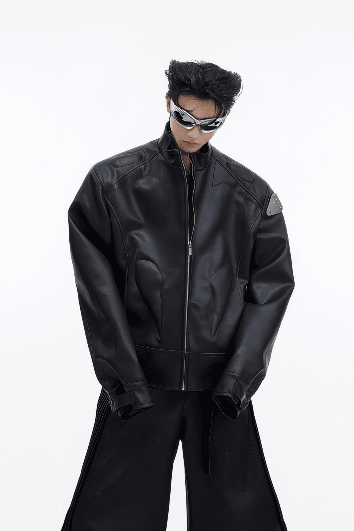 Short Leather Jacket – Modern Sculptural Design with Metal Logo