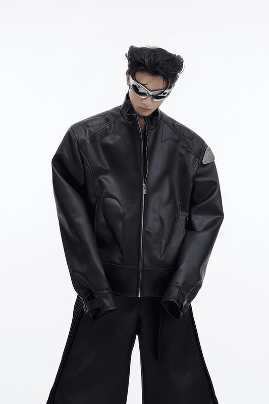 Short Leather Jacket – Modern Sculptural Design with Metal Logo