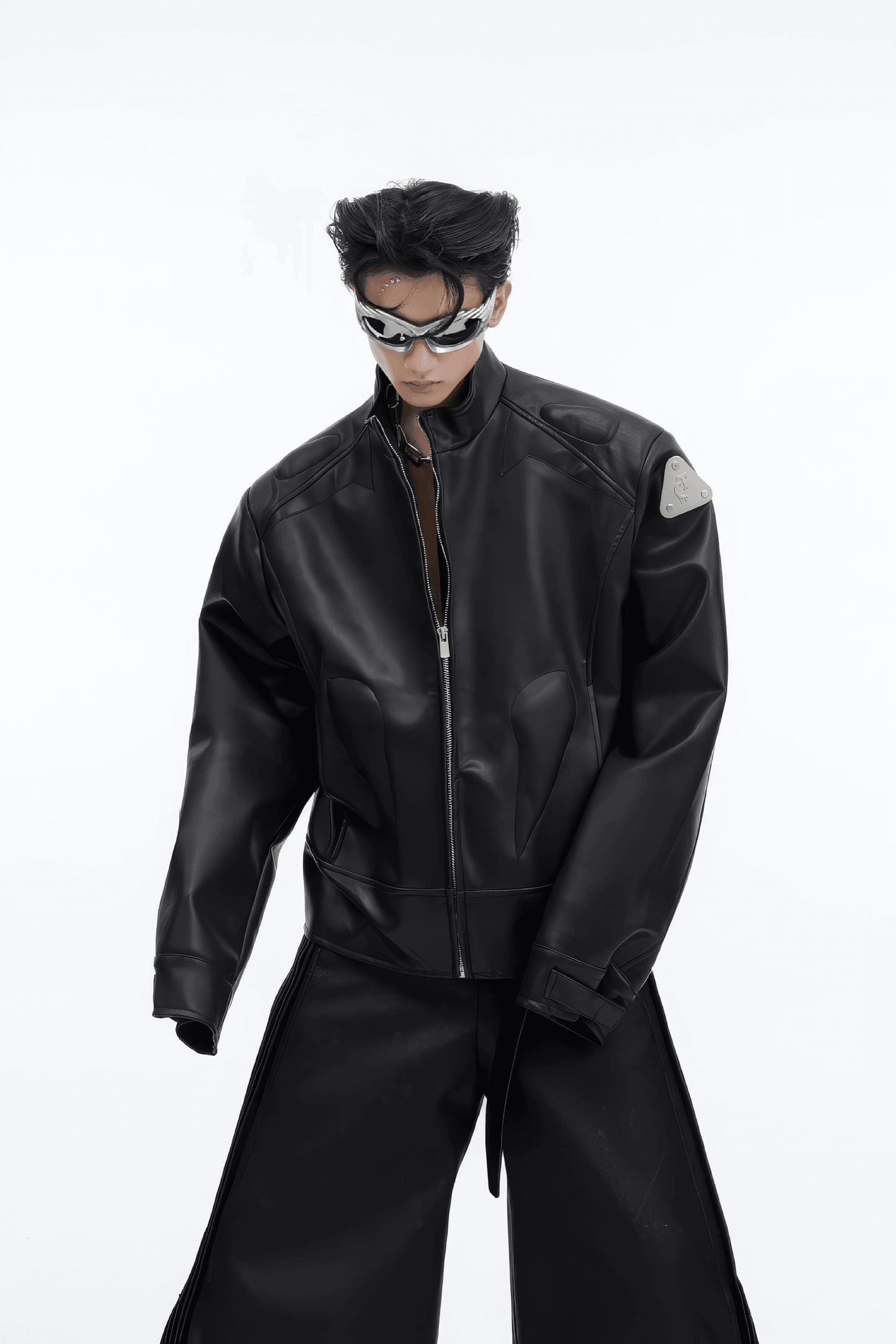 Short Leather Jacket – Modern Sculptural Design with Metal Logo