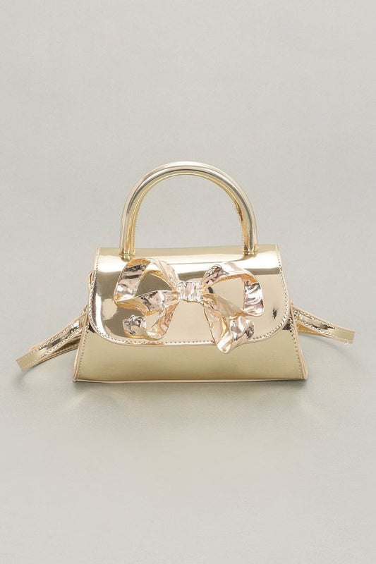 Faux Mirror Leather Ribbon Metal Top Handle Bag