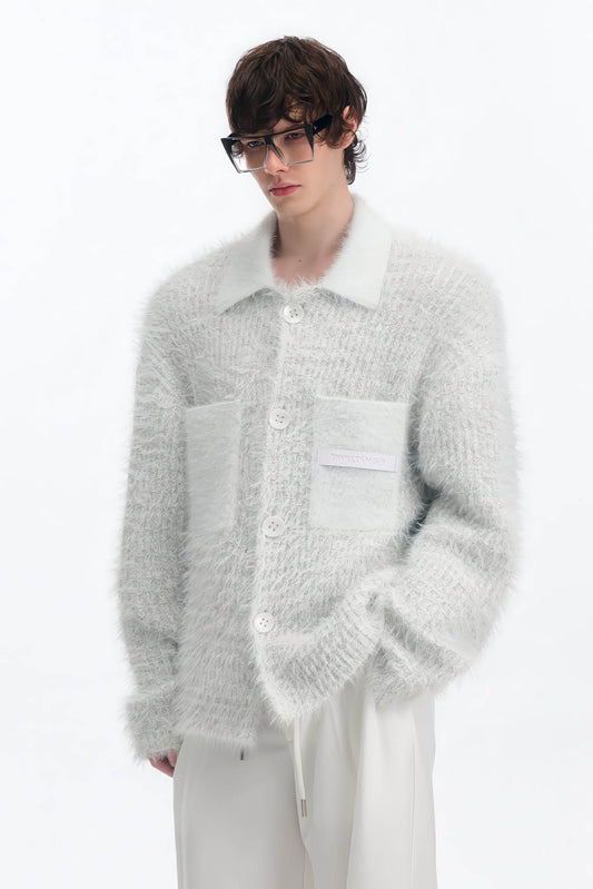 White Chunky Knit Cardigan - Ceramic Button & Shawl Collar Design