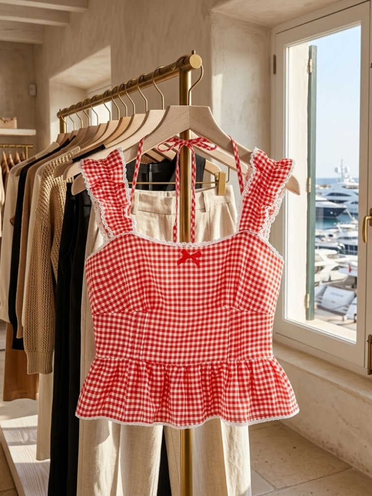Annapolis Red Gingham Ruffle Top