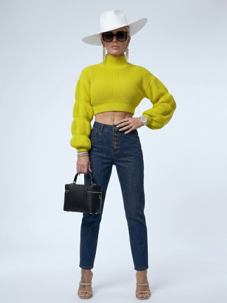 East Village Cropped Mock Neck Balloon-Sleeve Sweater
