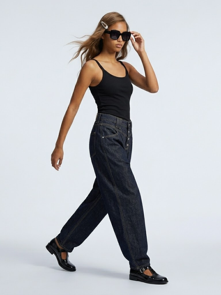 Tribeca Button-Fly Barrel Jeans