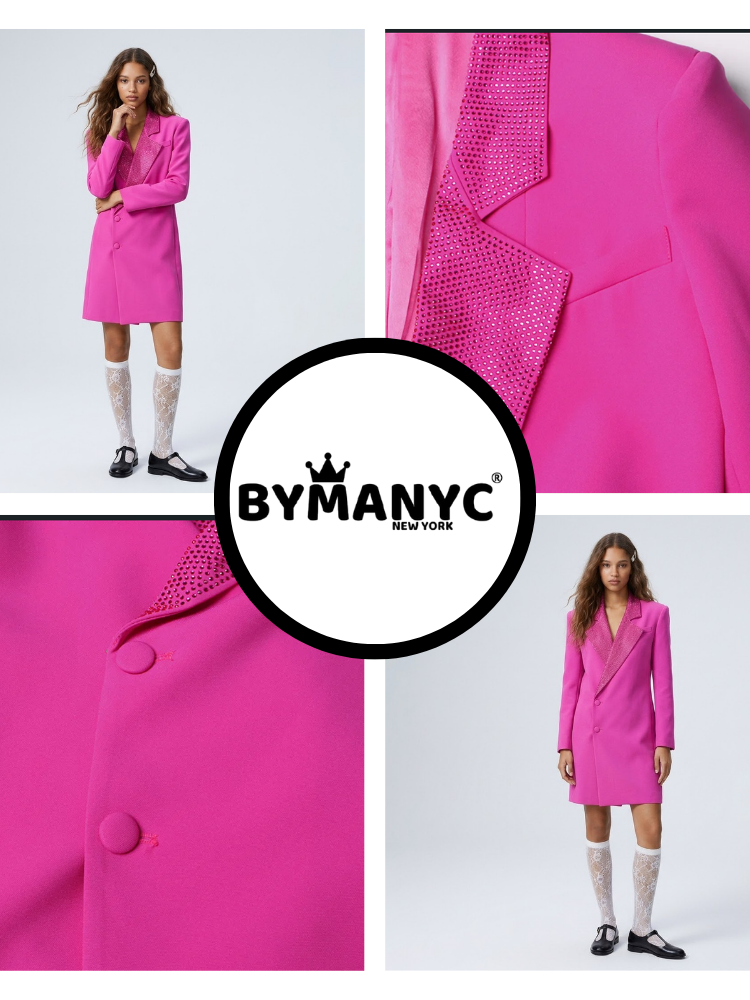 Magenta Nights Rhinestone Lapel Long Blazer Coat