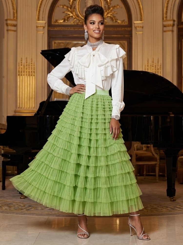 Tuileries Mint Green Ruffled Tulle Maxi Skirt