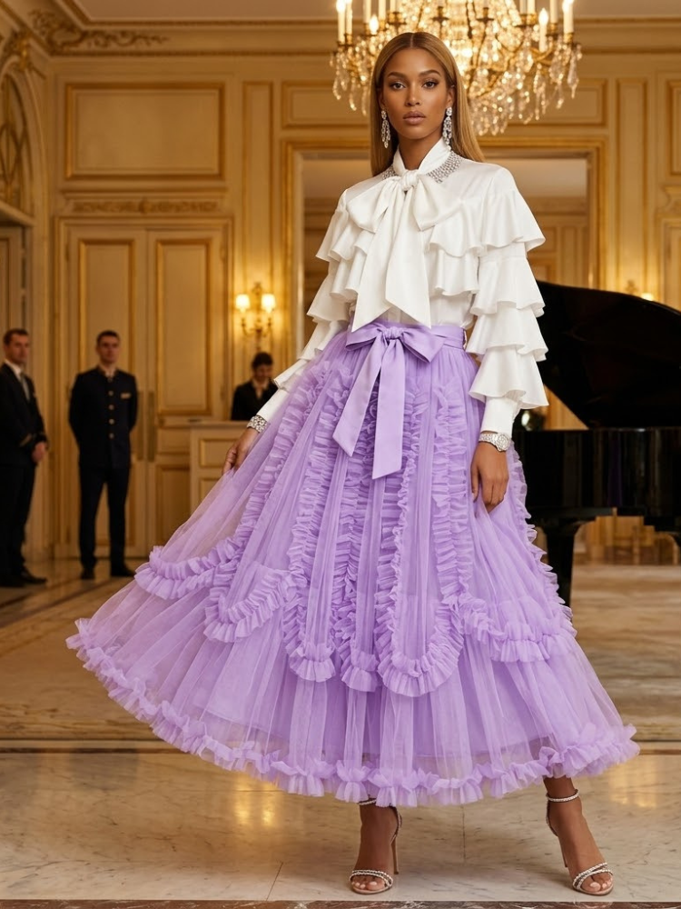 Place Vendôme Lilac Ruffle Tulle Maxi Skirt