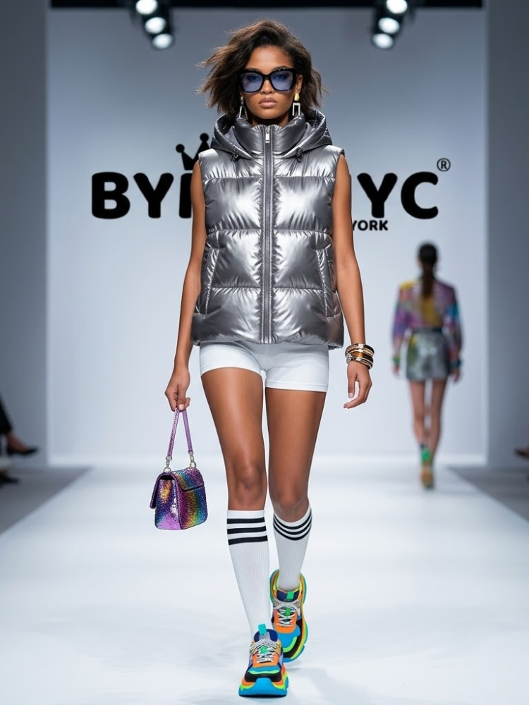Silver Metallic Hooded Puffer Vest