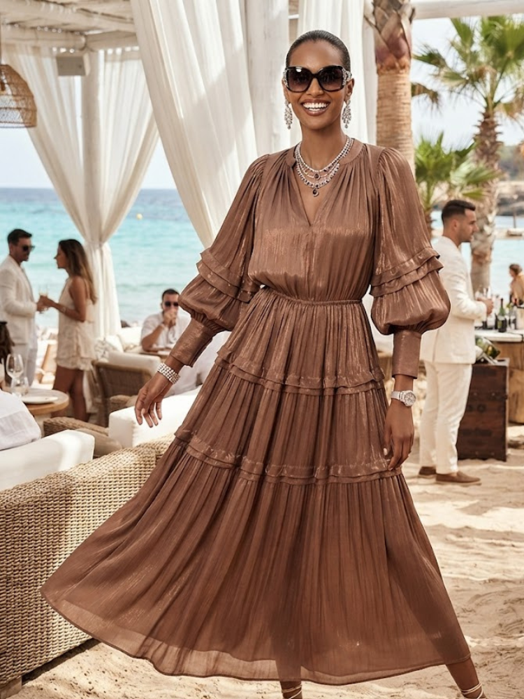 Seattle Brown Tiered Balloon-Sleeve Maxi Dress
