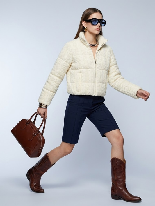 Hamptons Cream Cable-Knit Puffer Jacket