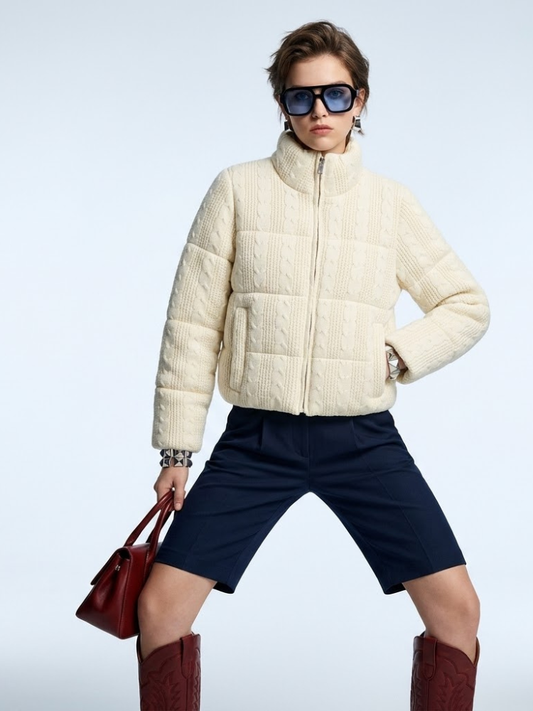 Hamptons Cream Cable-Knit Puffer Jacket
