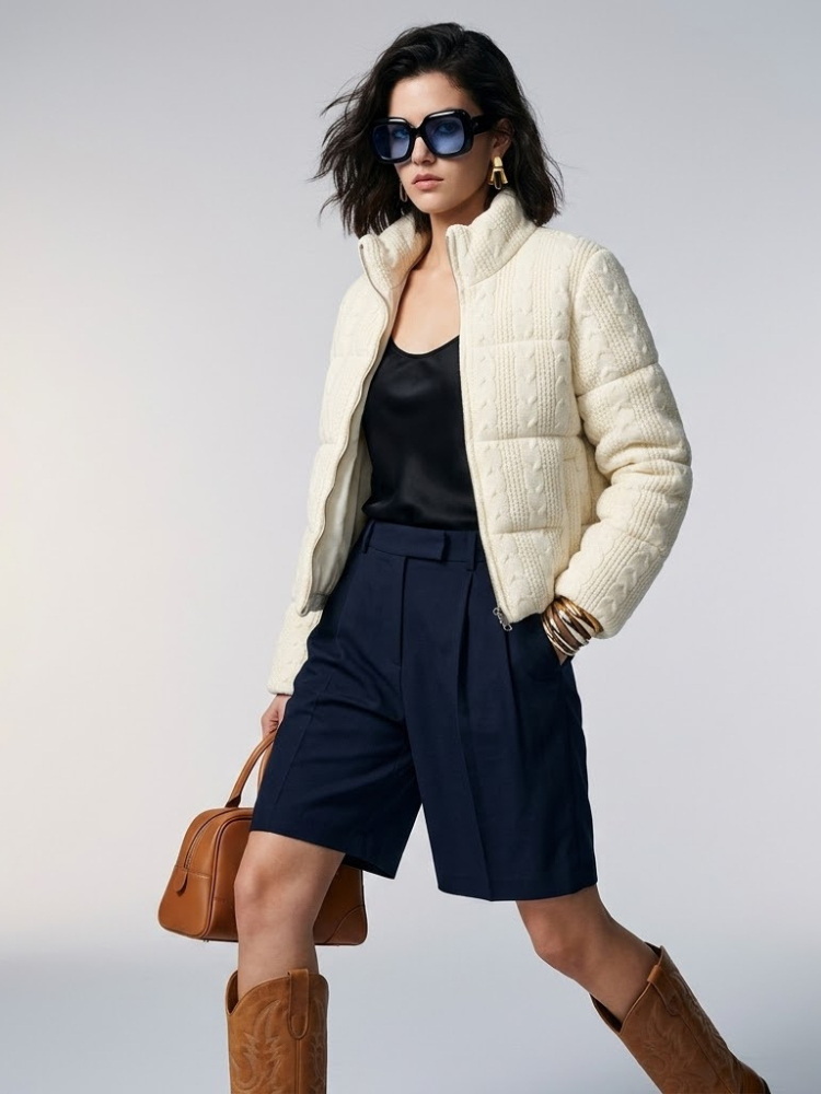 Hamptons Cream Cable-Knit Puffer Jacket