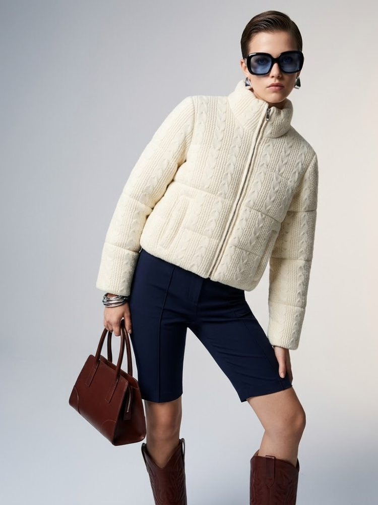 Hamptons Cream Cable-Knit Puffer Jacket