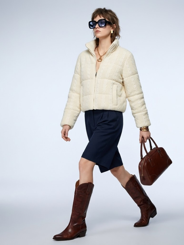 Hamptons Cream Cable-Knit Puffer Jacket