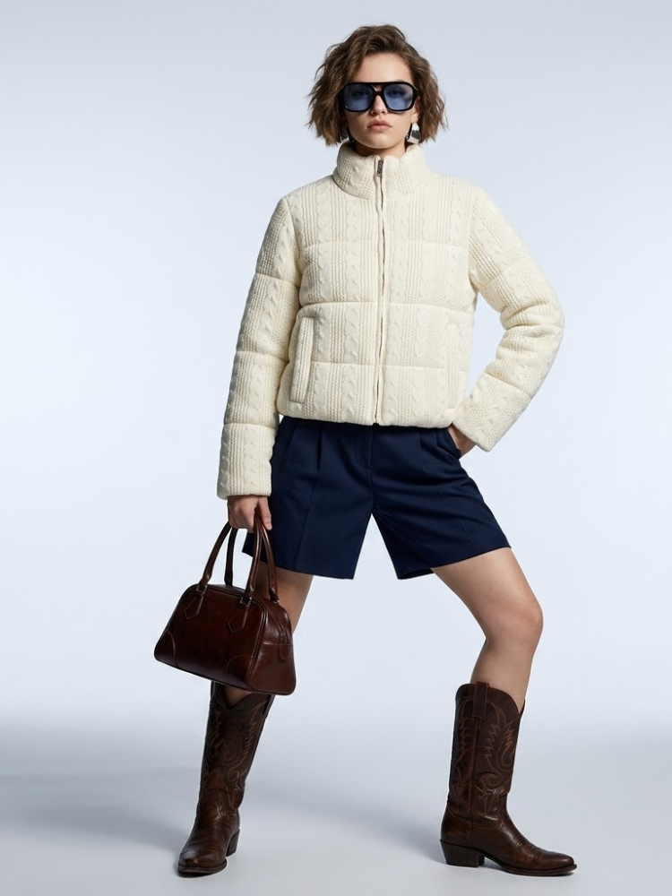 Hamptons Cream Cable-Knit Puffer Jacket