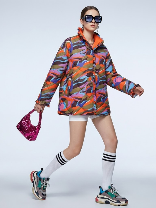 Quilted Jacket in Abstract Multicolor Wave Print