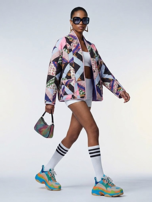 Quilted Jacket in Geometric Animal Print Patchwork