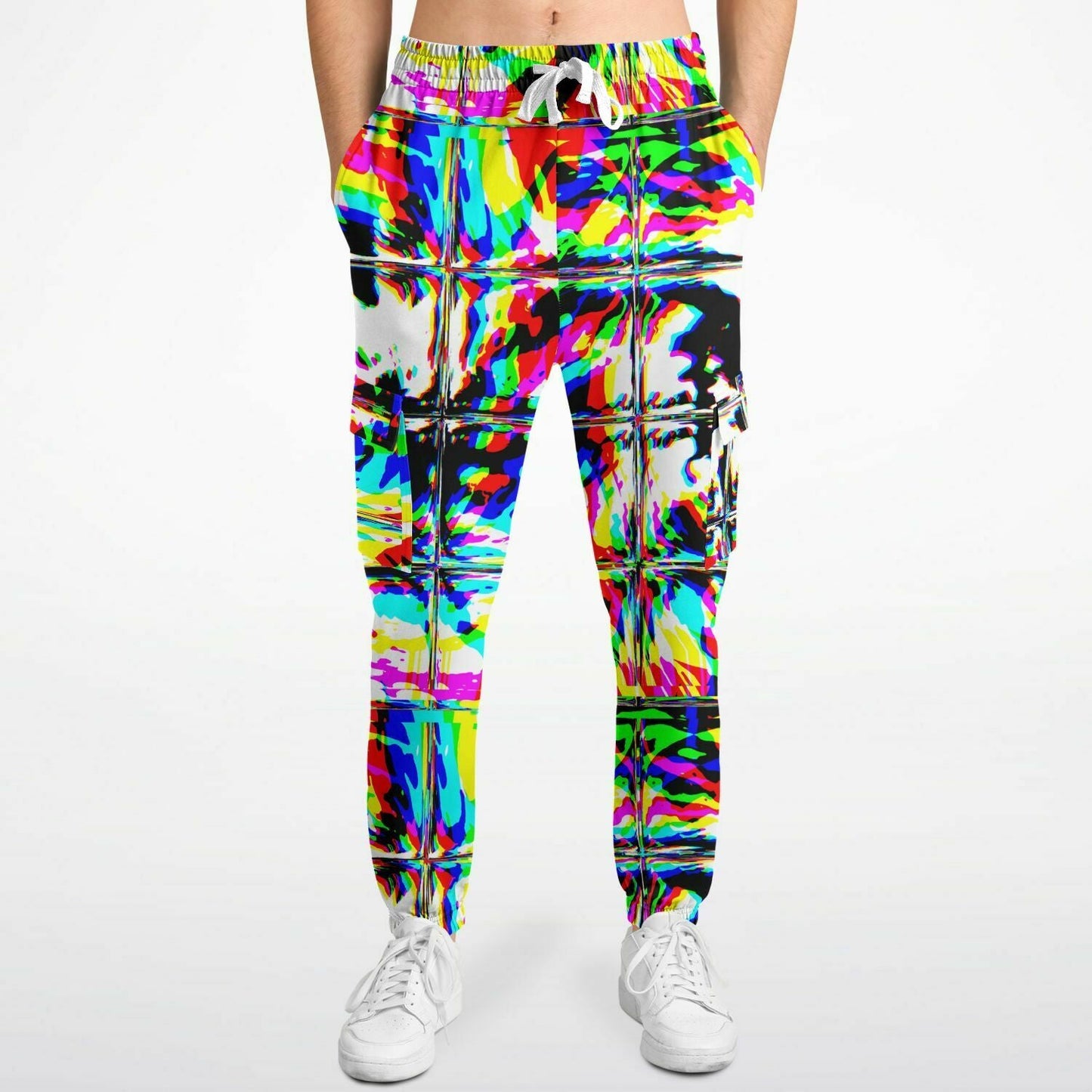 Psychedelic Rave Glitch Tiles Rainbow Plaid Unisex Cargo Joggers (Fleece Lined)