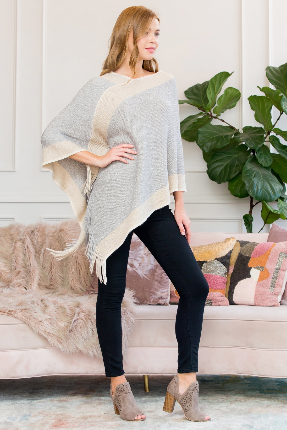 Ultra Soft Two Tone Fringe Poncho