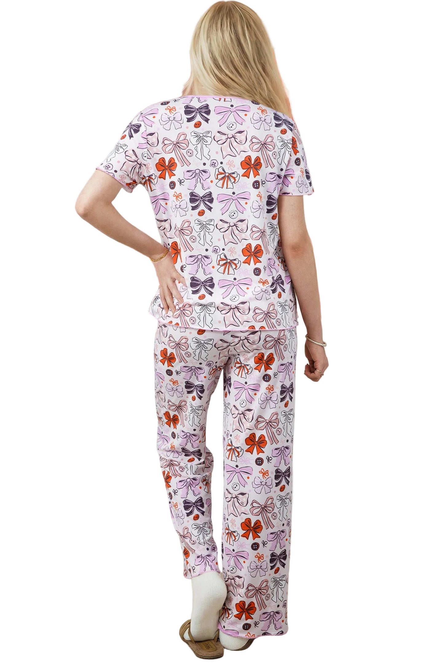 Pink Diverse Bows Buttons Printed Contrast Trim Short Sleeve Shirt Pajama Pant Set