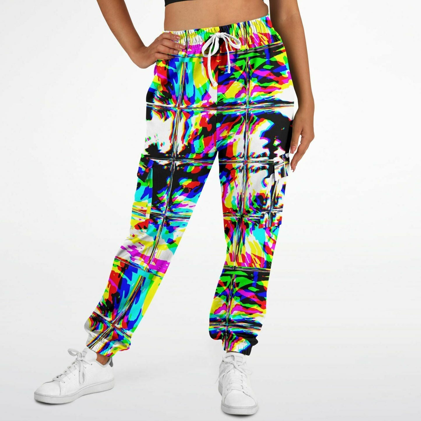 Psychedelic Rave Glitch Tiles Rainbow Plaid Unisex Cargo Joggers (Fleece Lined)
