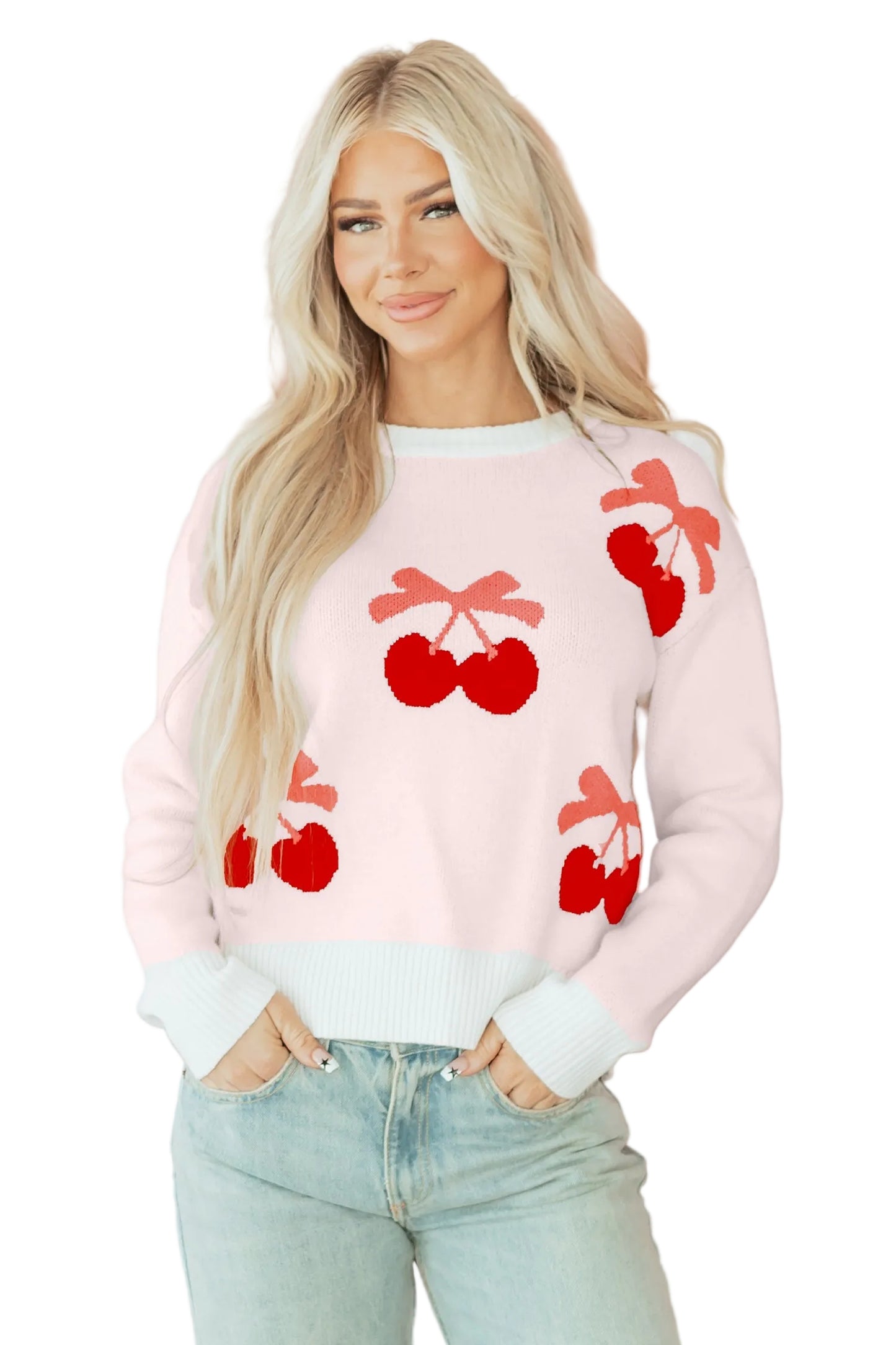 White Cherry Pattern Drop Shoulder Sweater
