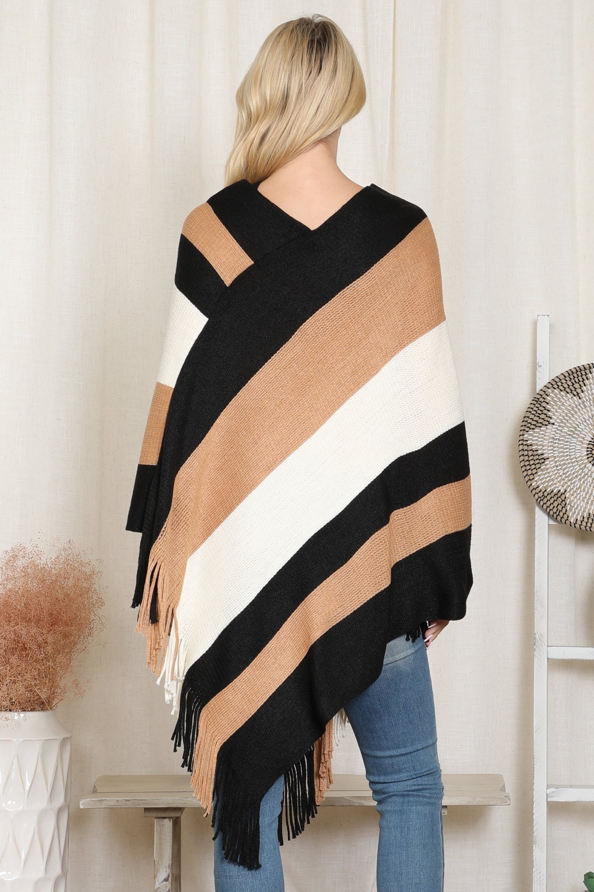 Color Block Fringe Poncho