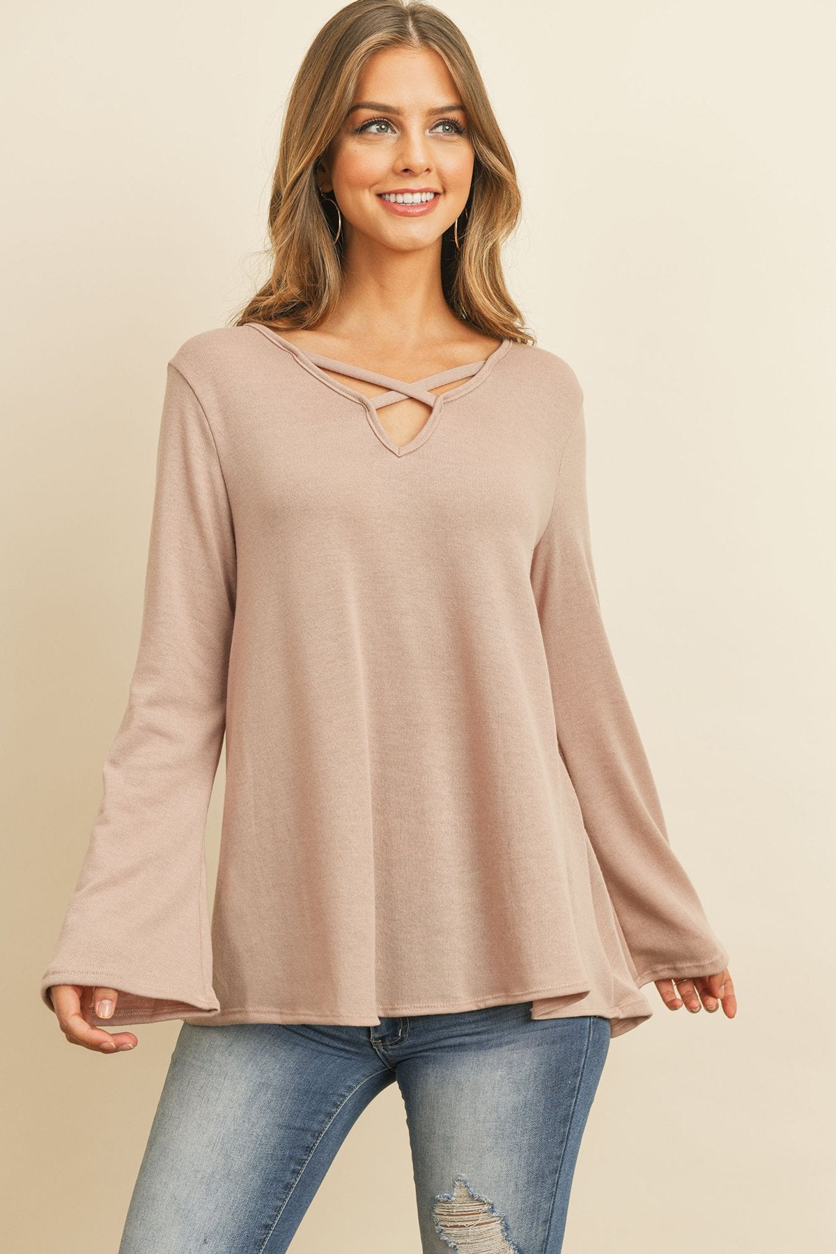 Criss Cross Neck Long Sleeve Hacci Top