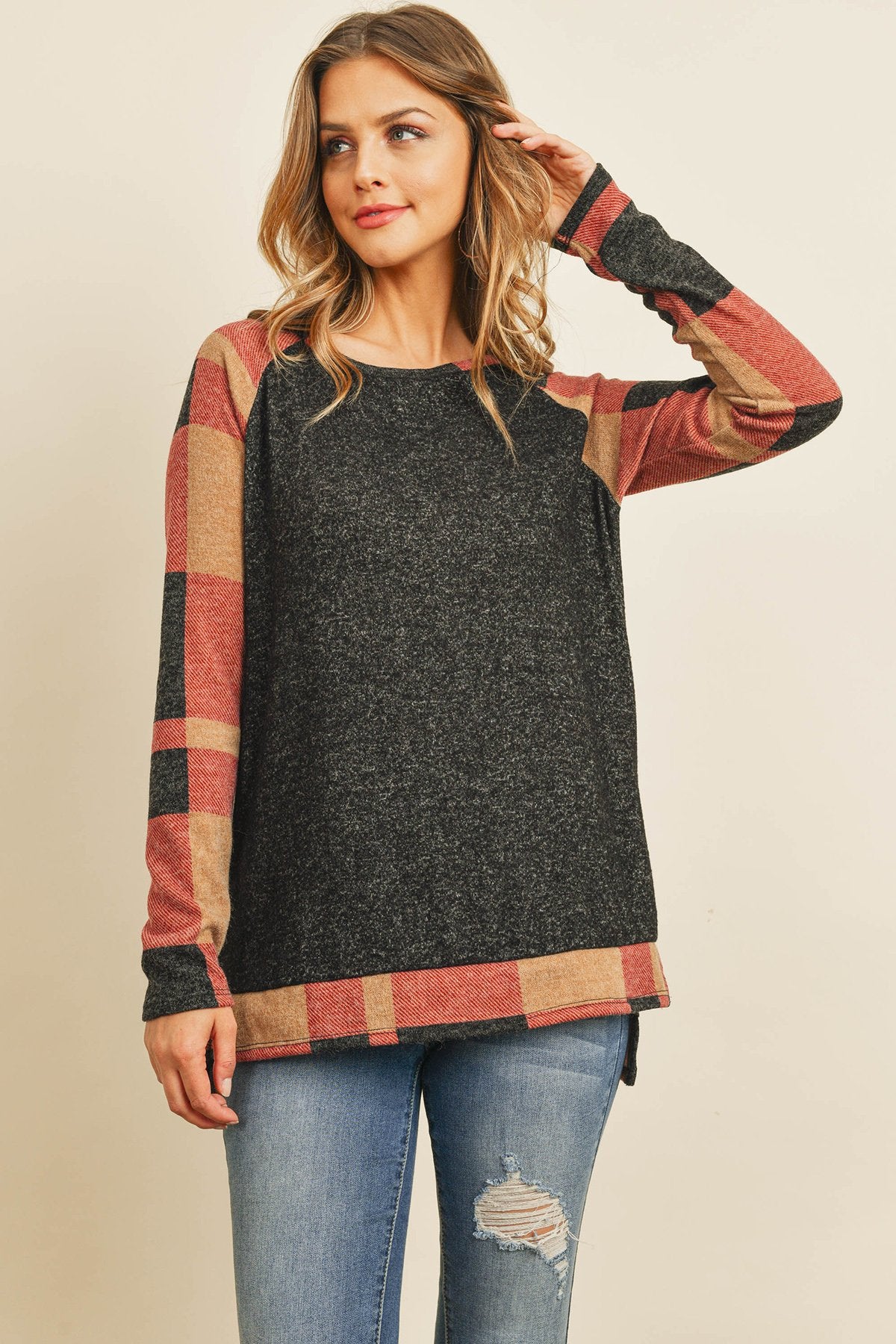 Brush Hacci Plaid Contrast Long Back Hem Top