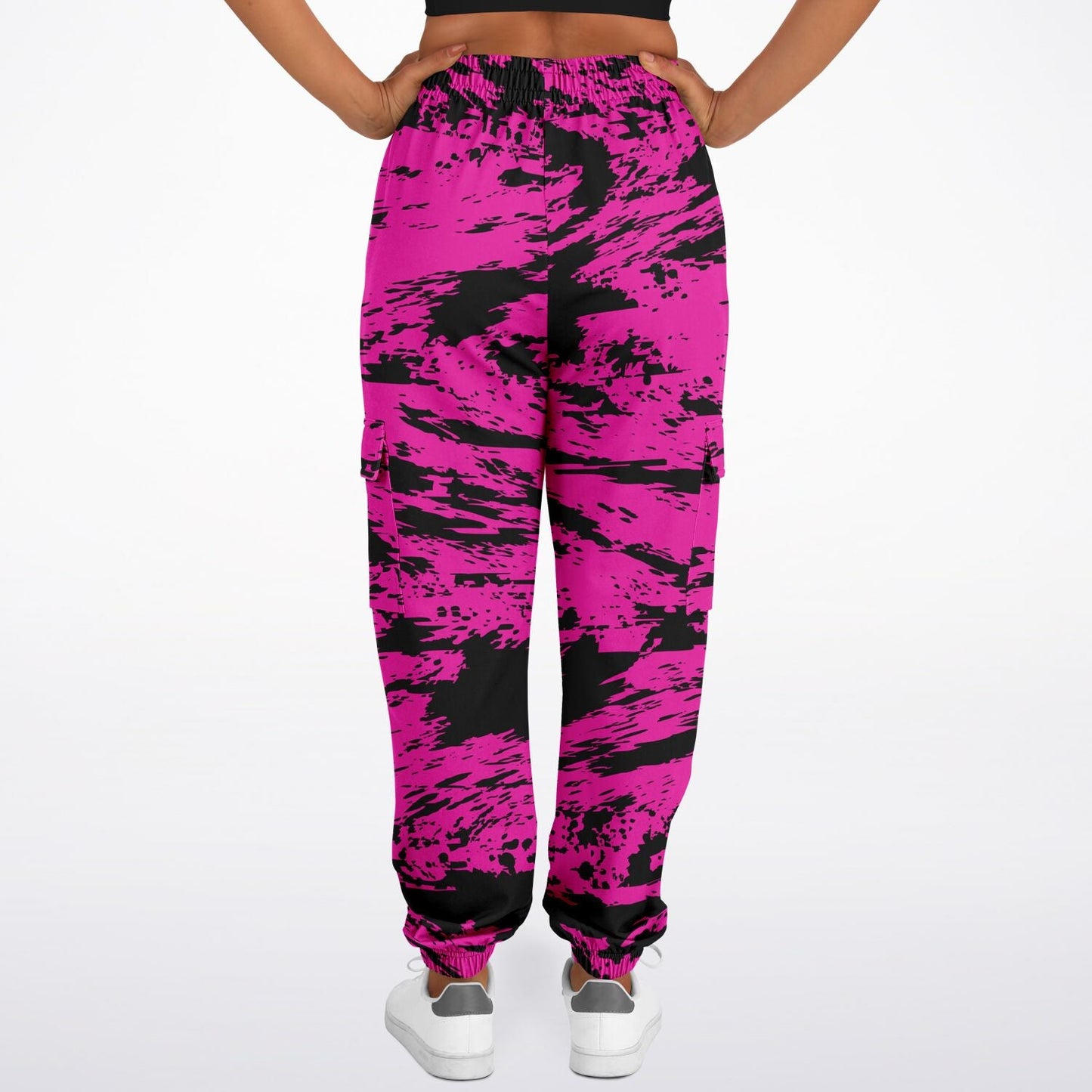Pink and Black Rave Glitch Splatter Unisex Cargo Joggers (Fleece Lined)
