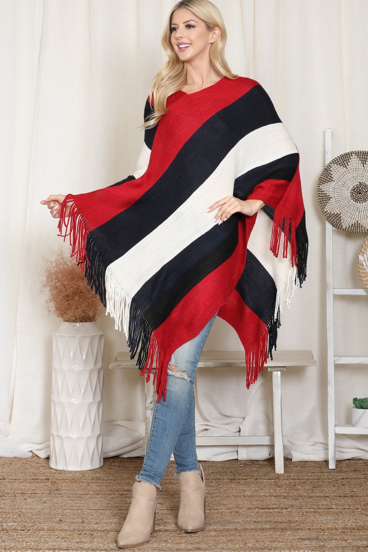 Color Block Fringe Poncho